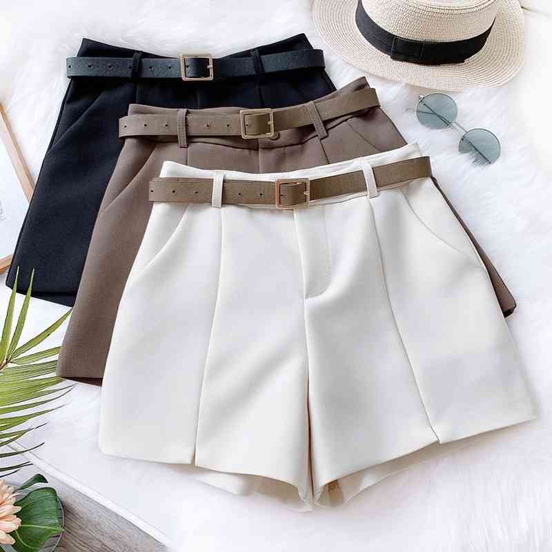 

Spring Summer Shorts for Women Casual Wide Leg High Waist Korean Short Pants Slim Cotton Sashes Chic Solid Skirts 210603, Coffee