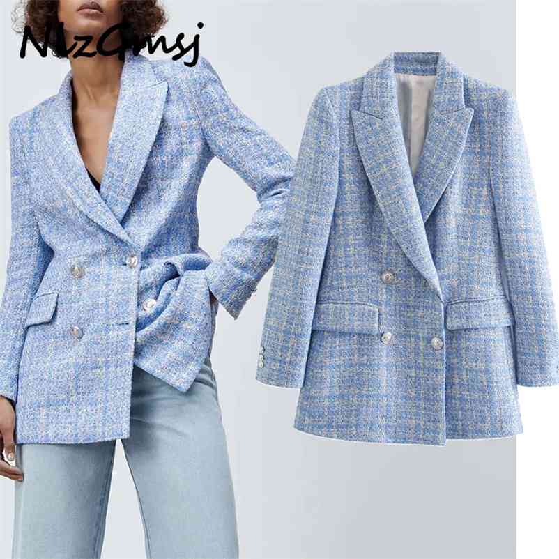 

Blazer Women Double Breasted Tweed Blue Blazers Coat Office Lady Long Sleeve Pockets Female Outerwear 03 210628, As picture