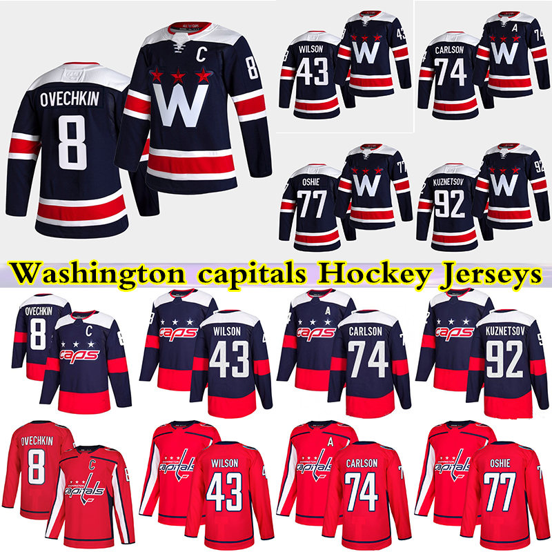 

In stock Washington capitals hockey jerseys 8 Alexander Ovechkin 74 John Carlson 77 T. J. Oshie 43 Tom Wilson 92 evgeny kuznetsov, Dark blue 3rd 8