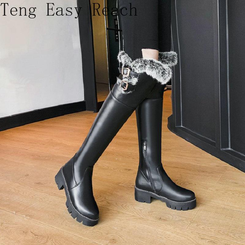 

Boots Winter Warm Thermal Furry Woman Shoes Round Toe Platform Chunky Anti-skid Heels Overknees Snow With Fur Zapatos De Mujer, Black