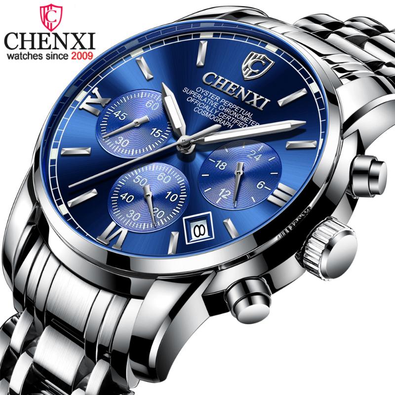 

Wristwatches CHENXI Mens Watches Stainless Steel Business Clock Top Waterproof Luminous Chronograph Quartz Watch Men Wristwatch, Black