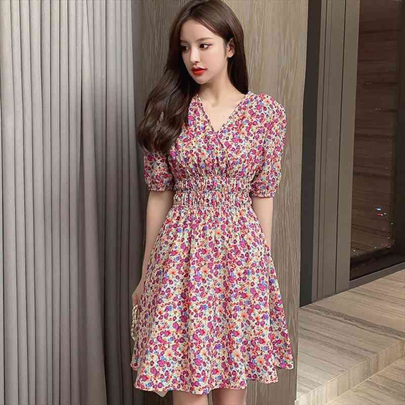 

casual v neck summer women dress floral print ladeis petal sleeve sundress, Black;gray