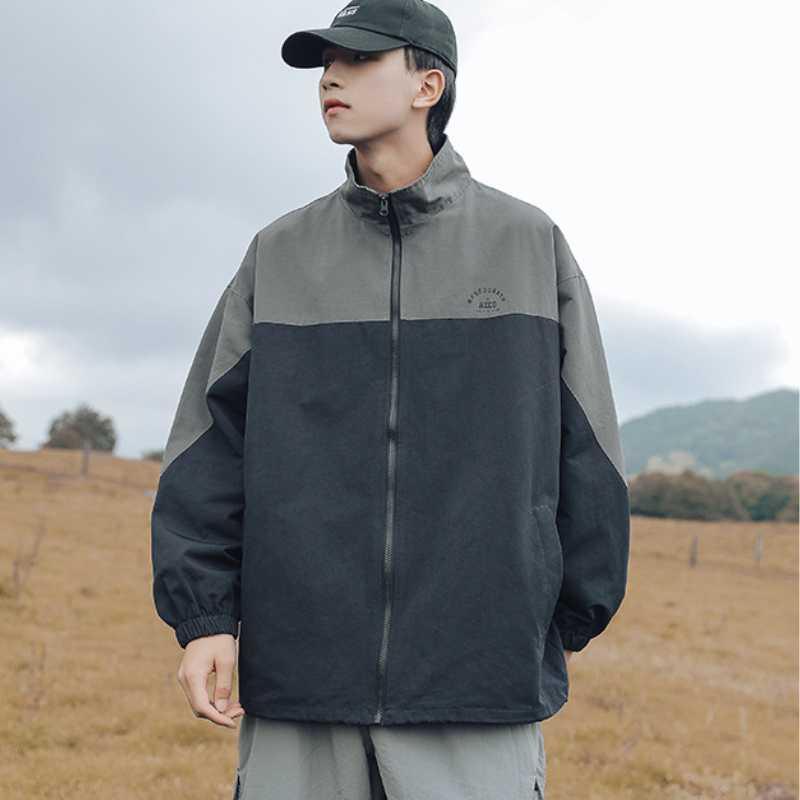 

Men's Jackets Patchwork Jacket Man Vintage Stand Collar Zipper Pockets Couple Coat Loose Japanese Casual Style Spring Outwear For, Black;brown