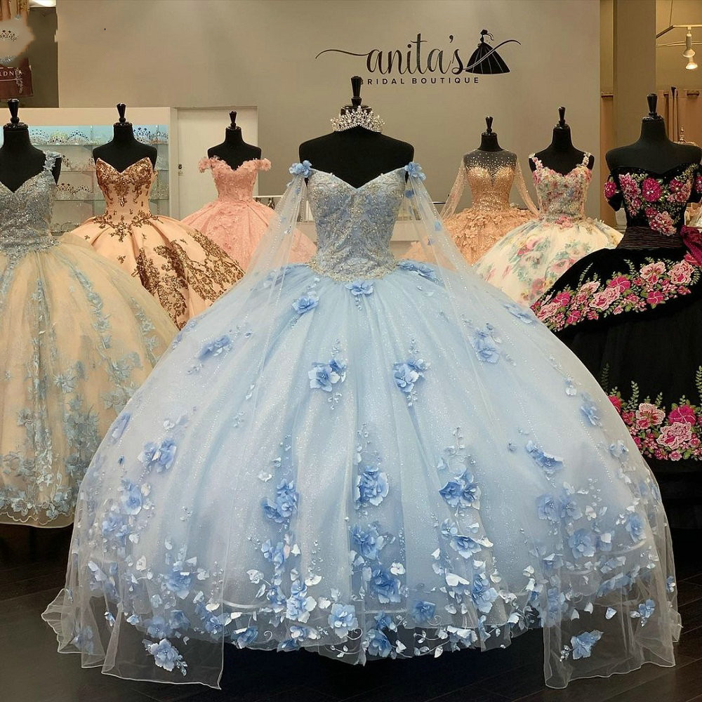 

Handmade Flowers Appliques Lace Quinceanera Dresses with cape sky blue lace-up Ribbons Sweet 16 Prom Dress vestidos de 15 años, Sage