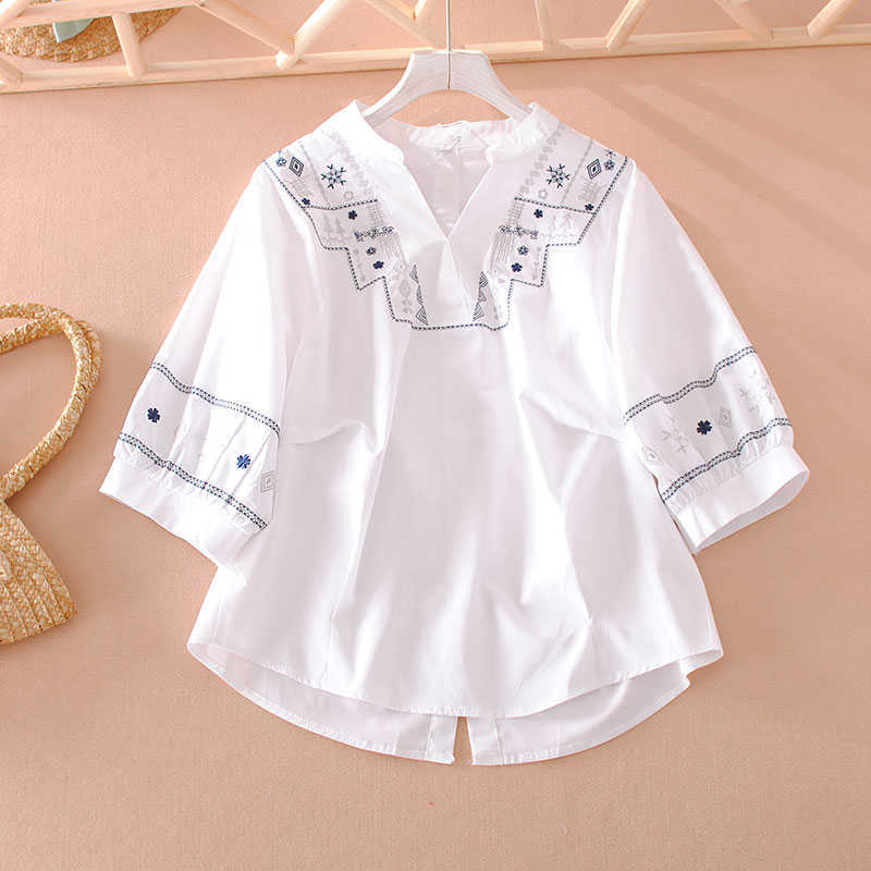 

VANOVICH Embroidered Fashion Women Shirts V-neck Spring and Summer Three Quarter Sleeves Clothing 210615, White