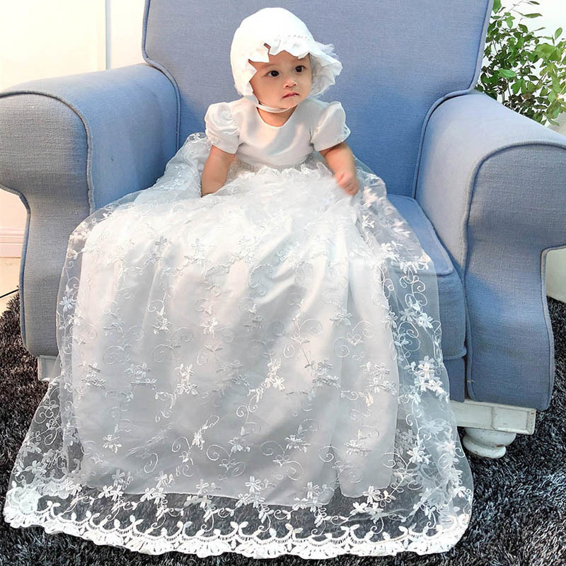 Girl&#039;s Baby Girls Boutique Baptism Dress White Cotton Embroidery Lace Lengthen Christening Gown with Ruffle Hat Infant Birthday Dresses 1027-image-689156696