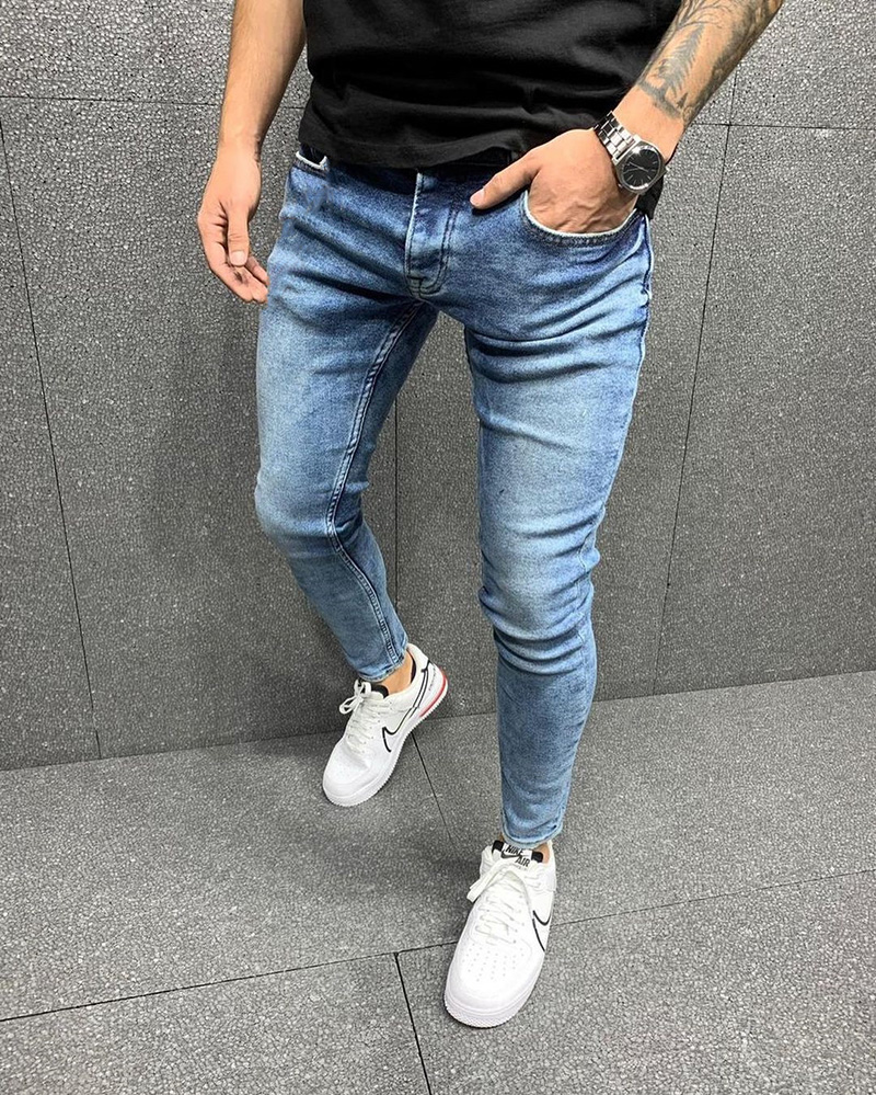 

Men Slim jeans Casual Runway Biker denim Knees Holes hiphop pants Washed high quality Middle Waist Pencil Style, B-5502