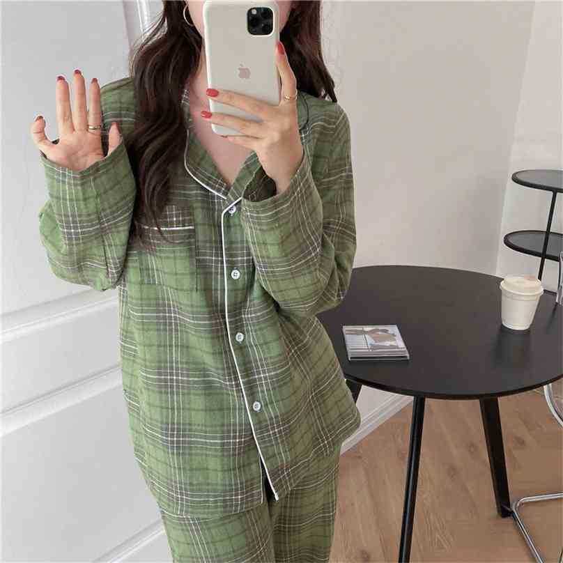 

Minimalist High Quality Homewear Loose Suit All Match Plaid Brief Pajamas Nightwear Sweet Chic Casual Sets 210525, Men