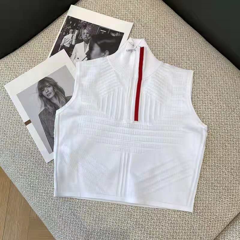

Lady Tops Wool Sweater Knits Tees Zipper Neck Adjust Red Letter Striped Necks Casual Women Slim Sweaters Sleeveless Shirts Spring Autumn, White;black