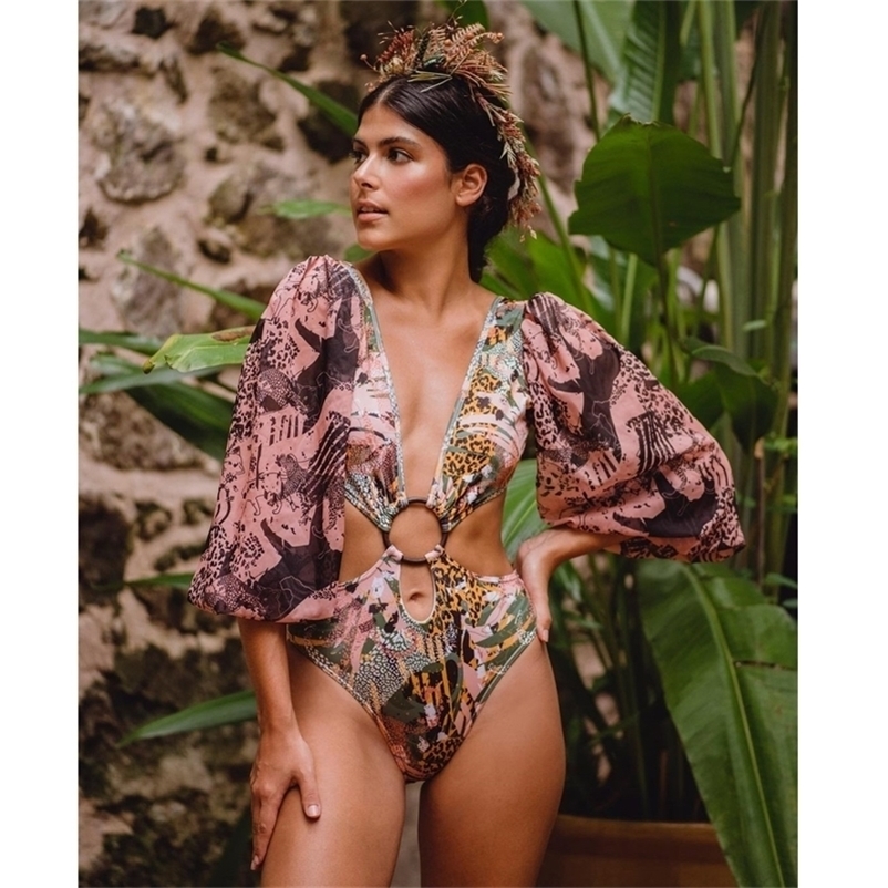

Long Sleeve Swimsuit Ruffle Sexy Swimwear Women Print Bathing Suit String Beach Wear Swim 220221