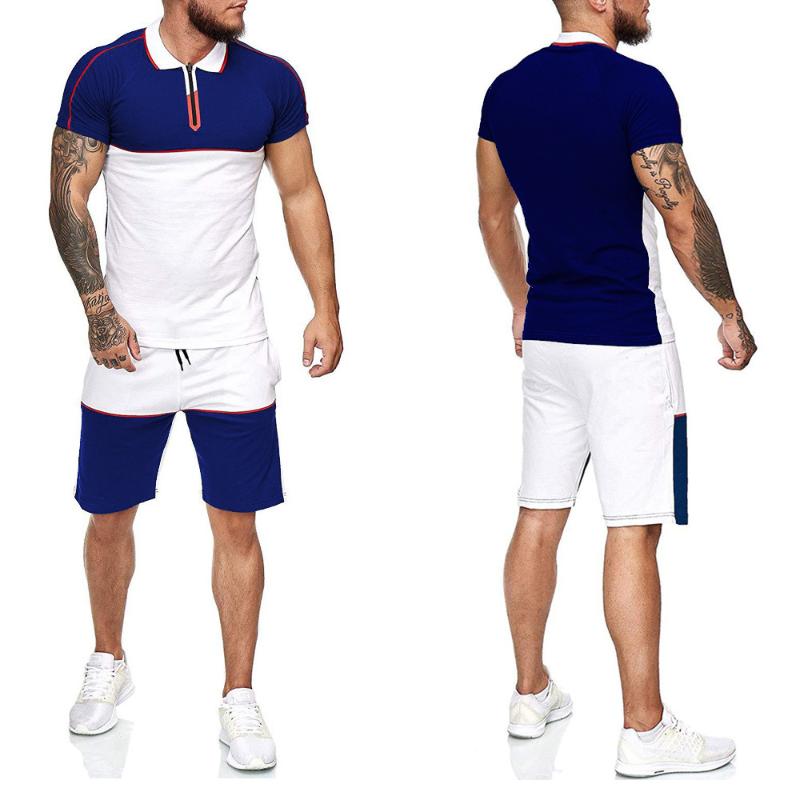 

The Summer Men Set Tracksuits Fitness Suit Sporting Suits Short Sleeve T Shirt + Shorts Quick Drying 2 Piece Joining Together, Blue