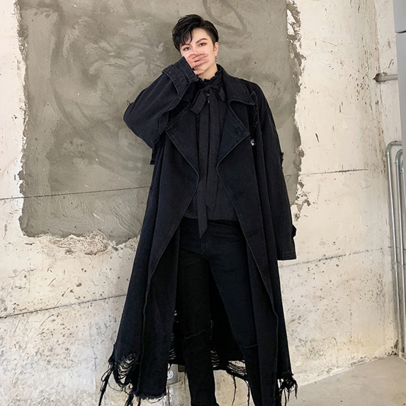

IEFB / Fashion Mens Windbreaker Suit Collar Douoble Breasted With Belt Denim Trench Coat Male Loose Casual 9A459 210524, Black