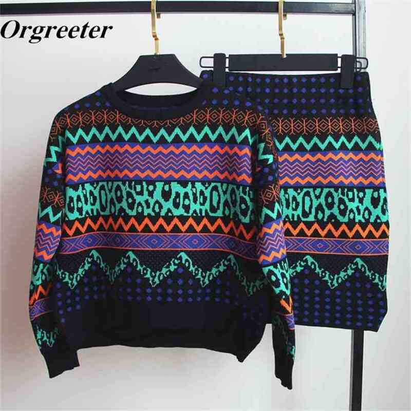 

Autumn Winter Fashion Vintage Contrast Colo Geometric Pattern Print Sweater and Mini Skirt Two piece sets Women Knitting Set 210602, Black