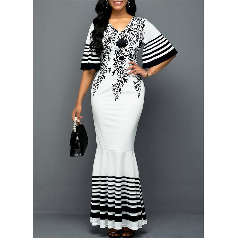 

womens dresses long dress women printed stitching high waist short sleeves v neck plus size 5xl fishtail, Black;gray