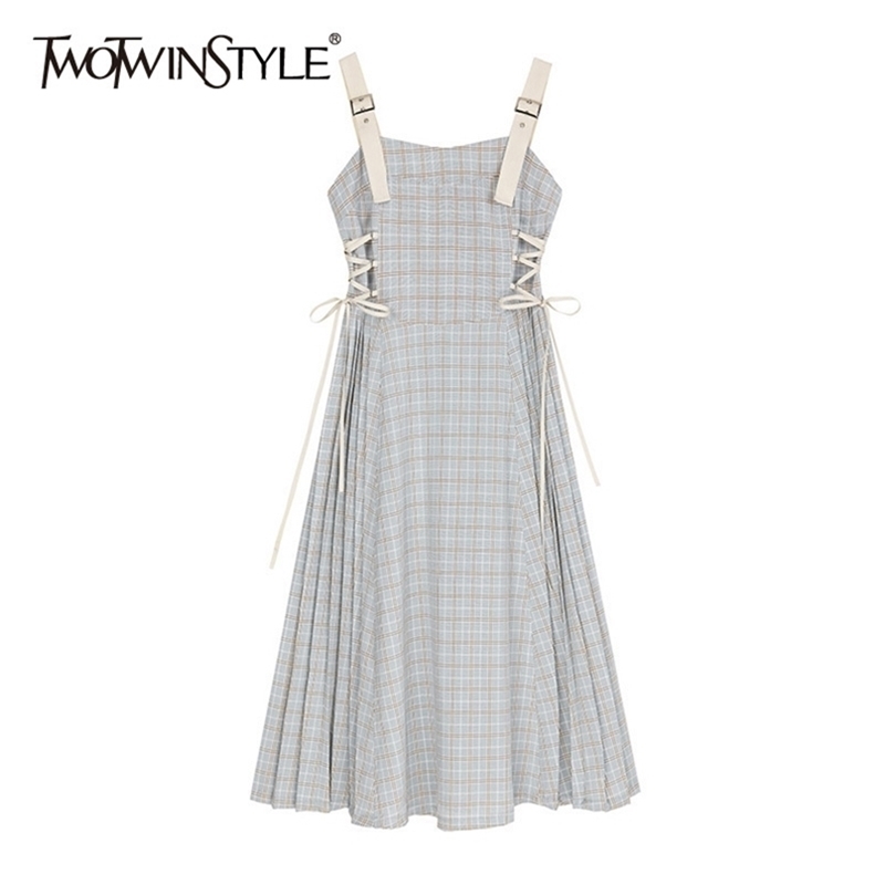 

Elegant Side Cross Bandage Dress For Women Square Collar Sleeveless High Waist Sling Dresses Female Summer 210520, Gray