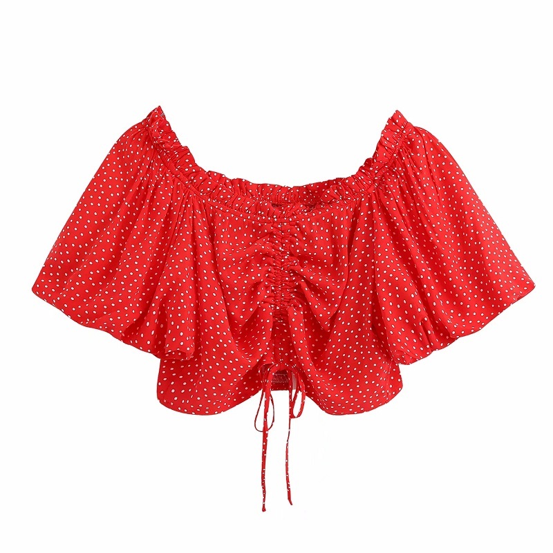 

Women Sweet Red Polka Dot Short Blouses Vintage Puff Sleeve Adjustable Drawstrings Smocks Girls Chic Tops 210520, As picture