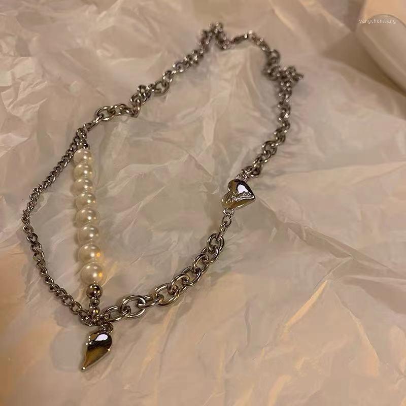 

Chains Kpop Pearl Heart Necklace French Metal Love Clavicle Chain Korean Simple Female Goth Pendanklace Short Pendant For Women