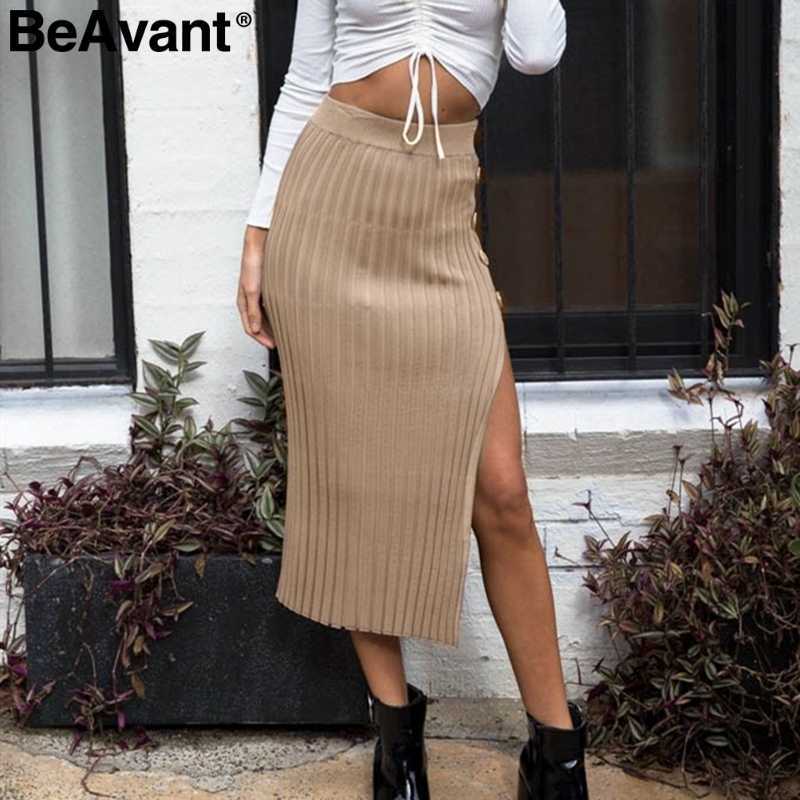 

BeAvant Sexy split buttons women knitted skirt Elegant pleated female bodycon midi skirt High waist party ladies skirts bottoms 210709, Green