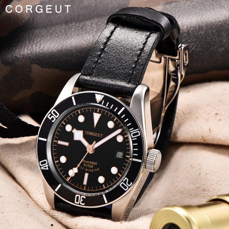 Wristwatches Corgeut Military Schwarz Bay Men Automatic Mechanical Miyota Watch Sport Clock Leather Wrist Watches-image-703681572