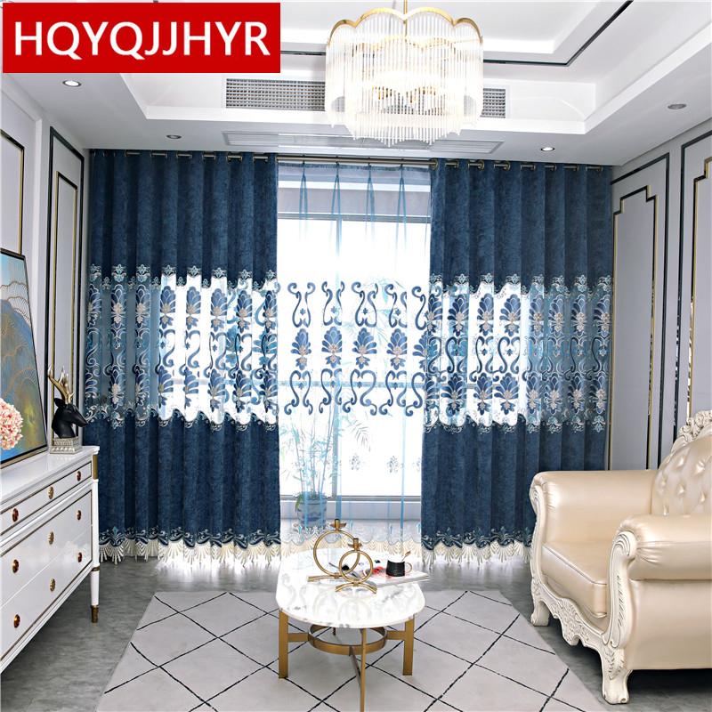 

Navy Blue Luxury Embroidered Living Room Curtains High Quality Decorative Elegant For Bedroom Apartment Villas Curtain & Drapes