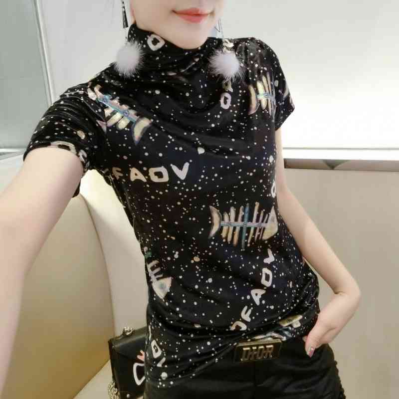 

Women's T-Shirt European Clothes T-shirt Summer Fashion Print Fishbone Women Viscose Tops Ropa Mujer Slim Bottoming Shirt Tees T02, Short sleeve tshirt