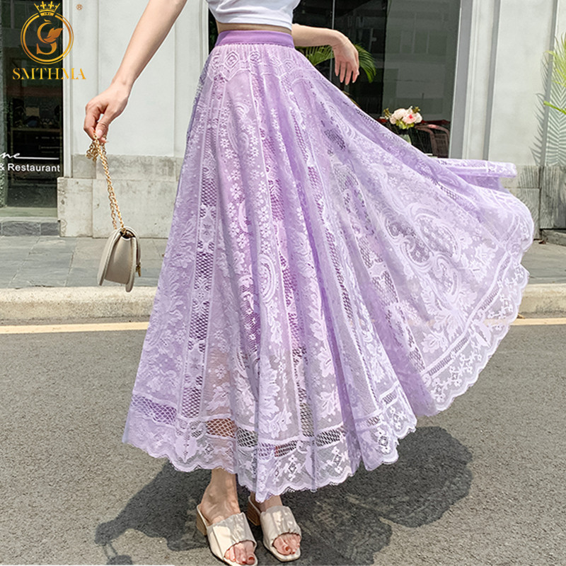 

Elastic Casual High Waist Lace Skirts Women Summer Fashion Korean Long Sweet Female Purple Skirt 210520, Photo color