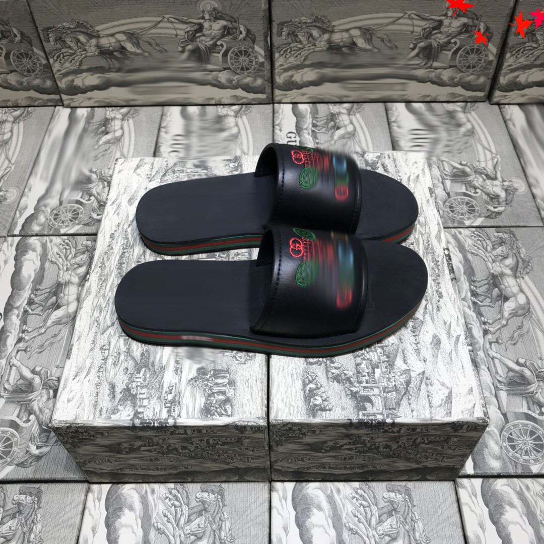 

2021 Slipper Designer Slide Summer sandals Fashion Men Beach Indoor Flat Flip Flops Leather luxurys Shoes mens Slippers with box Size 39-45 -H208, Black