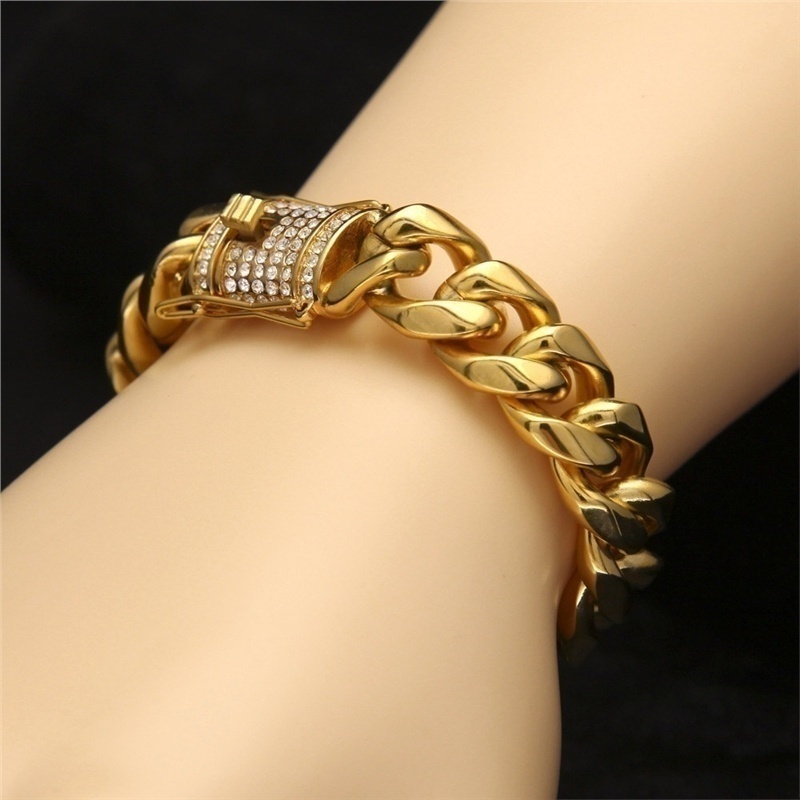 

2020 Hiphop Iced Out Curb Cuban Gold for Mens Silver Chain Bracelets and Gold Bracelets for Woman CZ Wristlet Rhinestones Bangle, Black