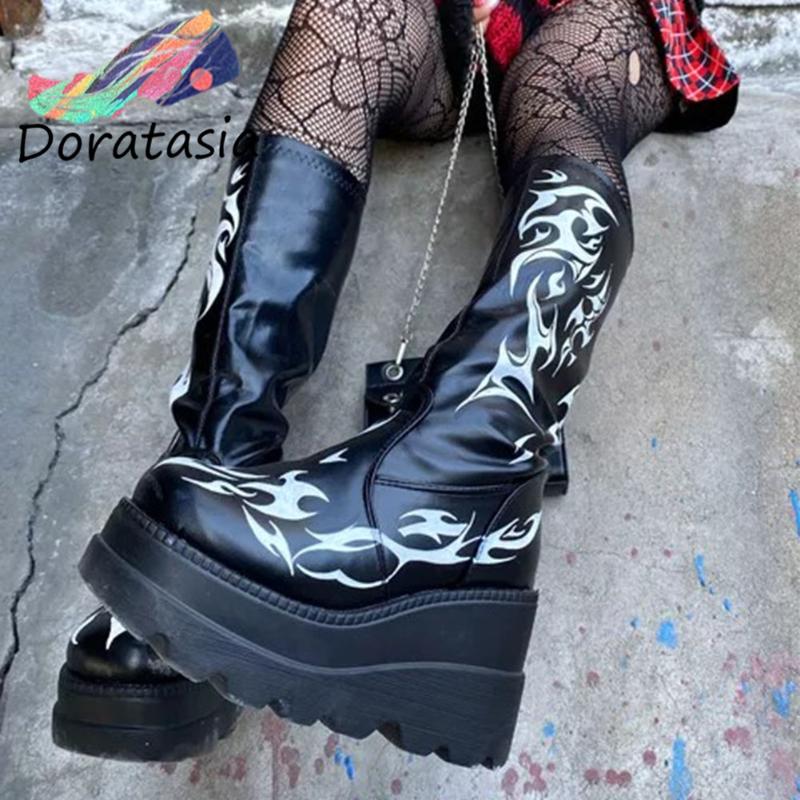 

Boots DORATASIA Large Size 43 Women Platform Black Punk Chunky Shoes Casual Wedges Goth Zipper Mid Calf