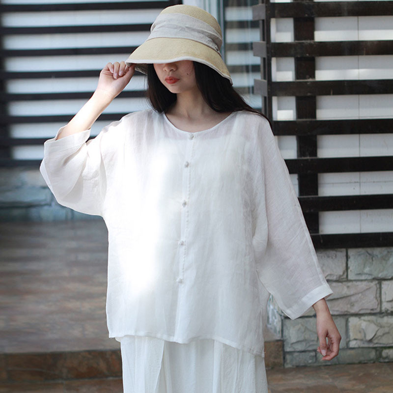 

Johnature Spring Summer Solid Color O-neck Single Breasted Cotton Linen Shirt Loose Comfortable All-match Women Tops 210521, Yellow