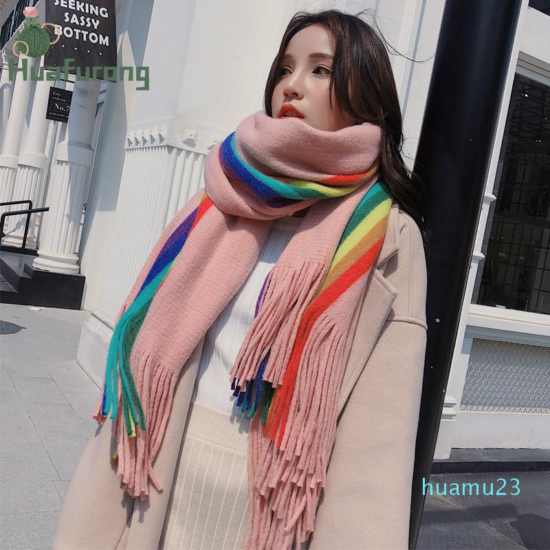 

Scarves The Rainbow Striped Scarf Women Autumn And Winter Thickened Imitation Cashmere Shawl All-match Wool Student Small Fresh