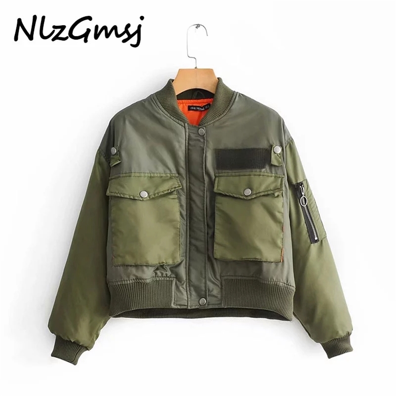 

Women Military Green Moto Biker Bomber Pilot Jacket Cropped Top Long Sleeve Female Oversized Coat Outerwear Chaquetas 210628, As picture