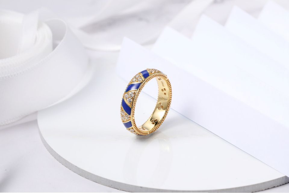 

925 Sterling Silver CZ Diamond Rose GOLD Sapphire blue striped ring with Original box set Fit Pandora style Wedding Engagement Jewelry for Women Girls