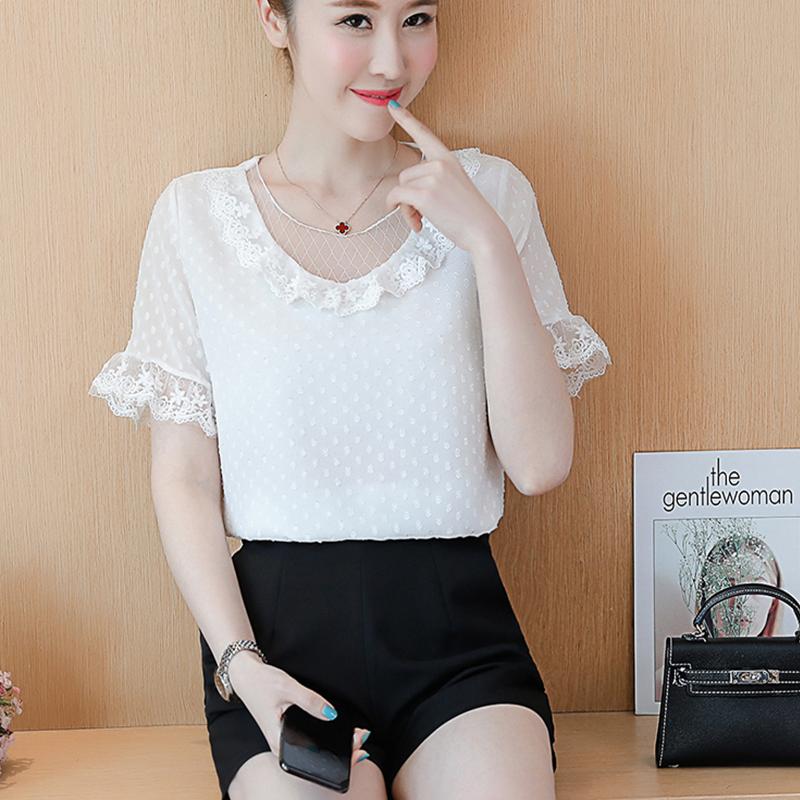 

Women's Blouses & Shirts Spring Summer Style Chiffon Shirt Elegant Ruffles O-neck Solid Color Short Sleeve Casual Tops SP8711, White