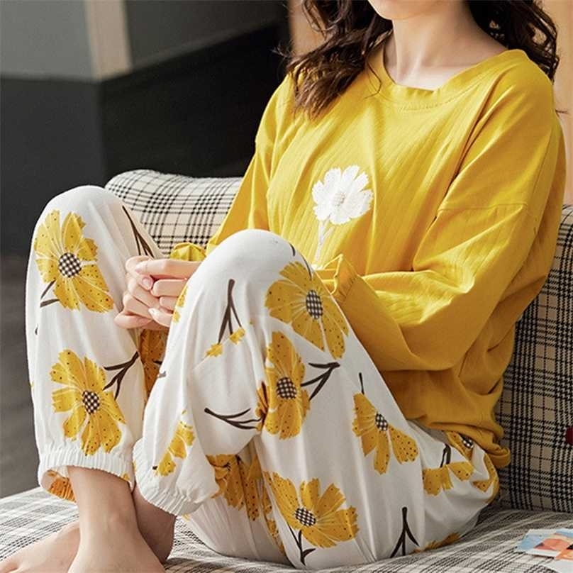 

Autumn Sleepwear Lounge Pajamas Set Long Sleeve Top+Long Pants 2 Pieces Suit Pajama Cartoon Pyjamas Cotton Plus Size 211106, Color 14