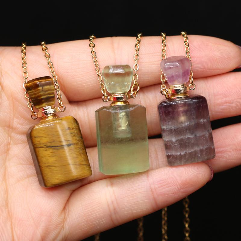 

Pendant Necklaces Natural Stone Perfume Bottle 60cm Necklace Tiger Eye Fluorite /Amethysts Essential Oil Diffuser Jewelry Gift 15x35mm, Silver