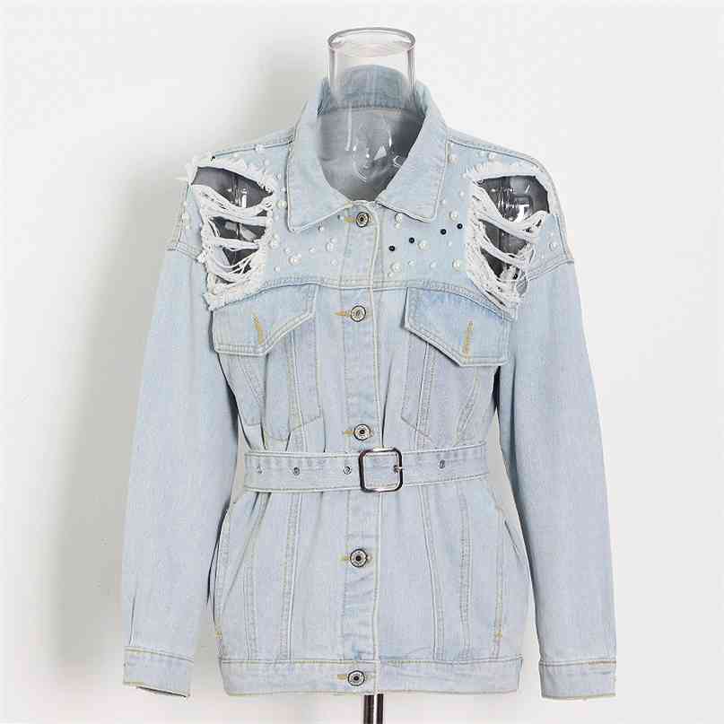 

Chic Hollow Out Hole Pearl Patchwork Denim Woman Jackets Casual Long Sleeve Drawstring Slim Tops Fashion Coat 210519, Light blue