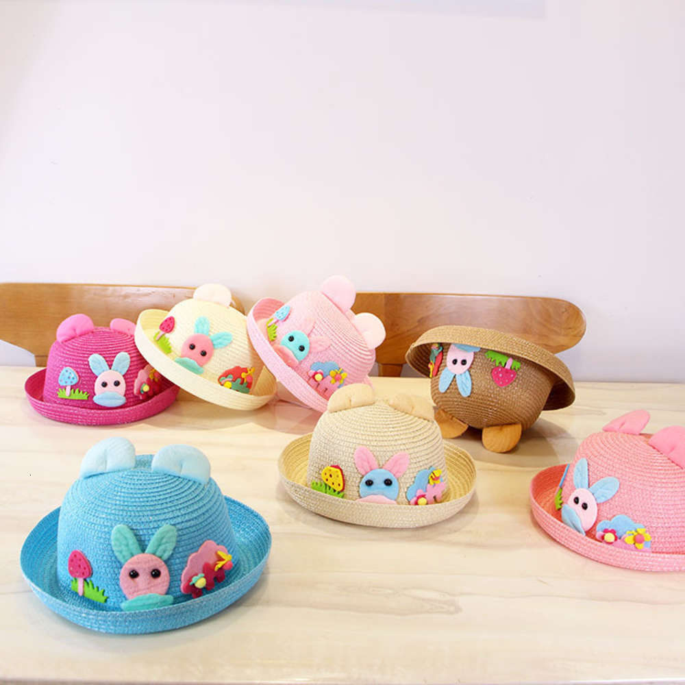 

Children's sun hat Summer Boys and girls curled cool garden rabbit ear Sun Beach Hat straw, Yellow