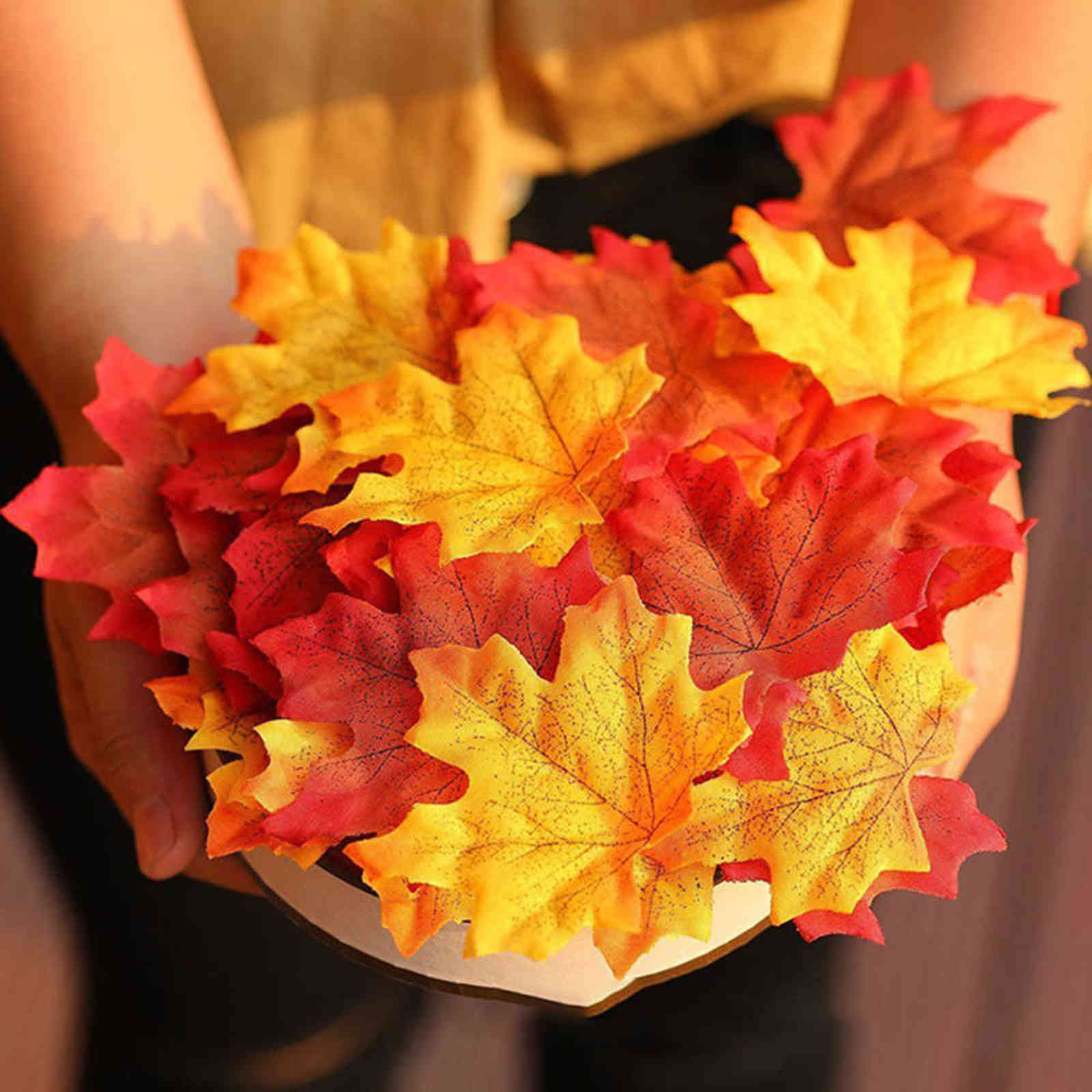 

50pcs 8cm Vivid Artificial Silk Maple Leaves For Home Wedding Party Christmas Decoration Scrapbooking Mixed Fall Fake Flower, Coffee yellow