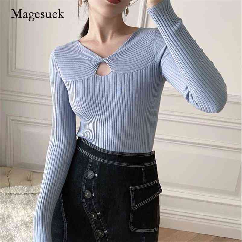

Autumn Slim Solid Wool Winter Knit Sweater Office Lady Chic Hollow Korean V-neck Women Sexy Clothes 10806 210518, Black