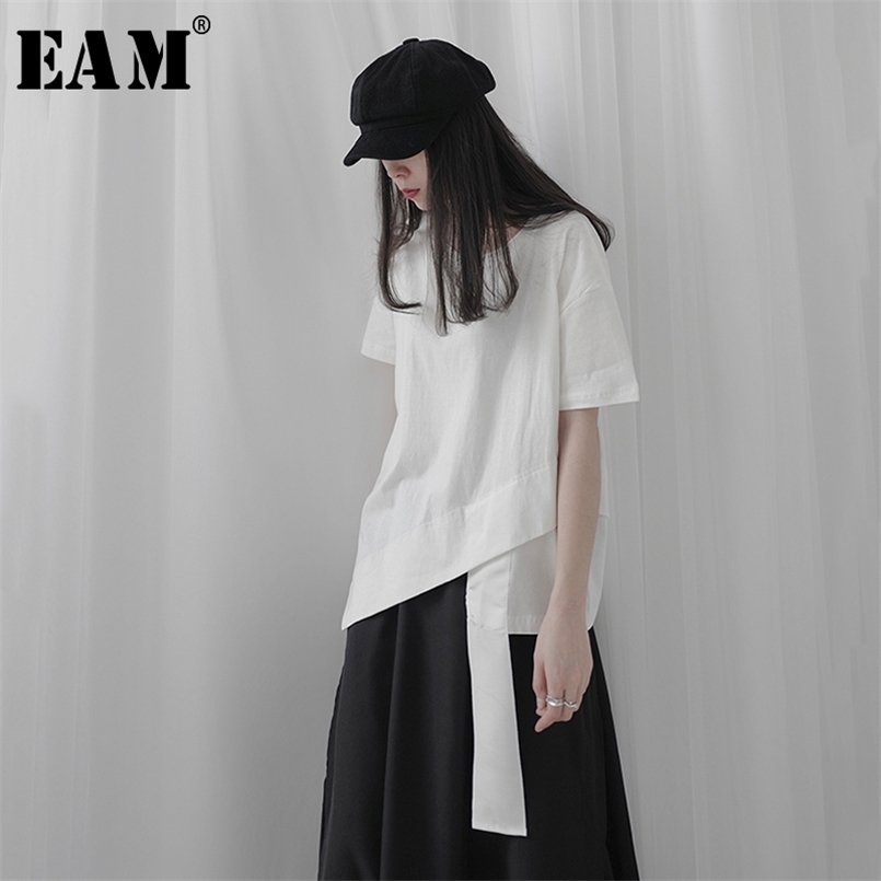 

[EAM] Women White Ribbon Asymmetrical Split Big Size T-shirt Round Neck Short Sleeve Fashion Spring Summer 1T237 210708, Black