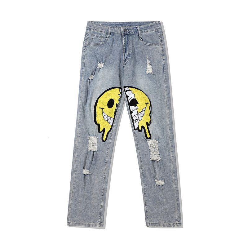 

Men's Pants Cracked back smiley face streetwear torn jeans men and women straight oversized casual denim pants vibe PTSA, 1# packing bag