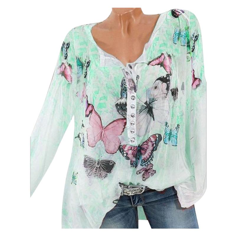 

Women' Blouses & Shirts Women Butterfly Print Shirt Long Sleeve V-neck Buttons Womens Tops And Elegant Vintage Blouse Blusas De Mujer Y Cam, Green