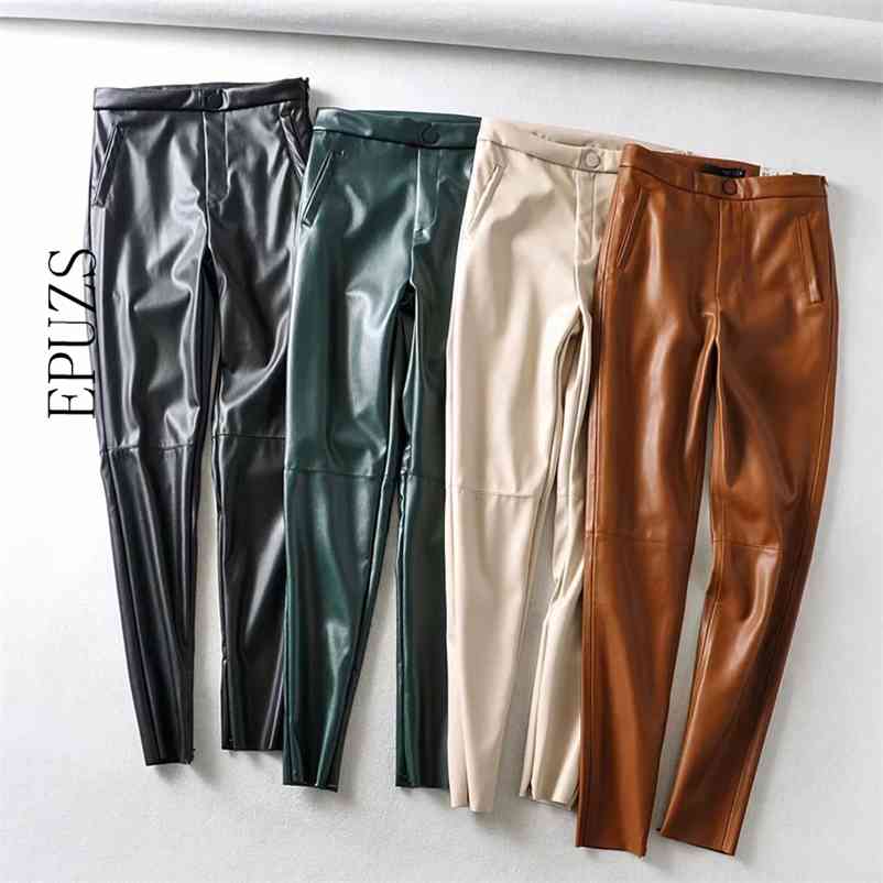 

Fashion green Black pu leather pants women skinny joggers streetwear PU pencil trousers casual pantalon femme 210521, Khaki