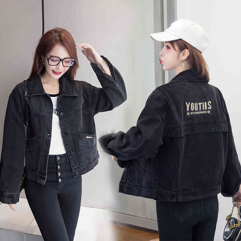 

women's jackets bf harajuku letter black printing jean female jacket casual spring loose turn-down collar long cut x5ot, Black;brown