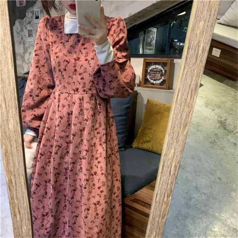 

Korean Square Collar Open Collarbone Print Dress High Waist Hip A Line Vestido Conduory Autumn Spring Ropa Midi Dresses 210517, Photo color