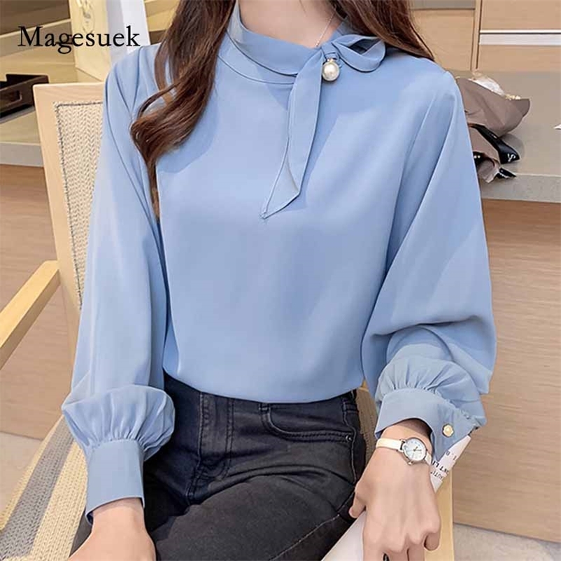 

Puff Long Sleeve Chiffon Shirt Women Autumn Office Lady Solid Pullover Blouse Plus Size Beading Female Clothing 11022 210518, Black