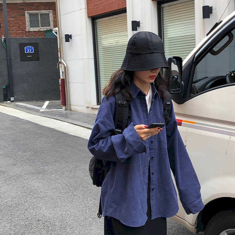 

Lazy style shirt Korean version of loose BF wild slim corduroy jacket neutral minimalist autumn female students 210526, Dark blue