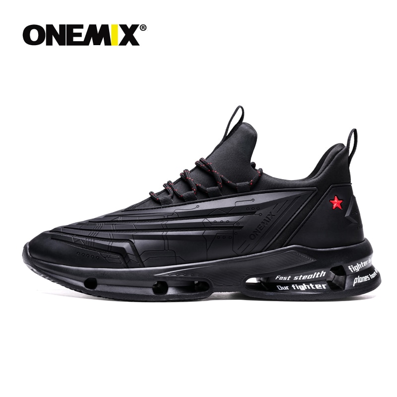 

ONEMIX 2020 Outdoor casual Shoes Men Sneakers Technology Style Leather Shock Absorption Lightweight Fashion Sport Jogging Shoes, Black