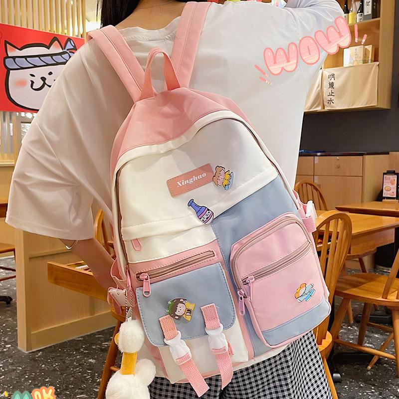 

School Bags EST Contrast Color Kawaii Pendant Shoulders Women Back Pack Female Schoolbag For Girls Multi-pocket Mochila Bolsa, Black